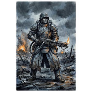 May include: Illustration of a soldier in a helmet and armor, holding a flamethrower. The artwork depicts a war scene with barbed wire, explosions, and a stormy sky. The soldier is standing in the rain, with a determined expression.