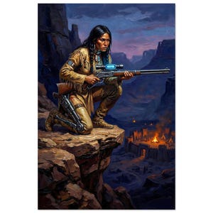 May include: An artistic depiction of a person kneeling on a cliff, aiming a rifle with a futuristic scope. The person is dressed in tan clothing with fringe, set against a backdrop of a canyon and a distant village with a bonfire.