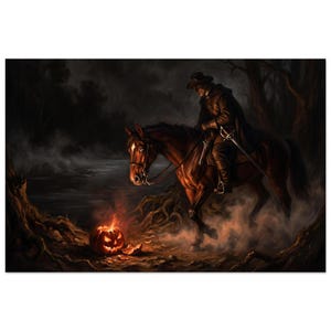 May include: A dark, atmospheric illustration depicting a rider in a wide-brimmed hat and cloak mounted on a brown horse. The pair stands near a glowing, carved jack-o'-lantern on the ground amidst swirling mist, dark trees, and a riverbank.