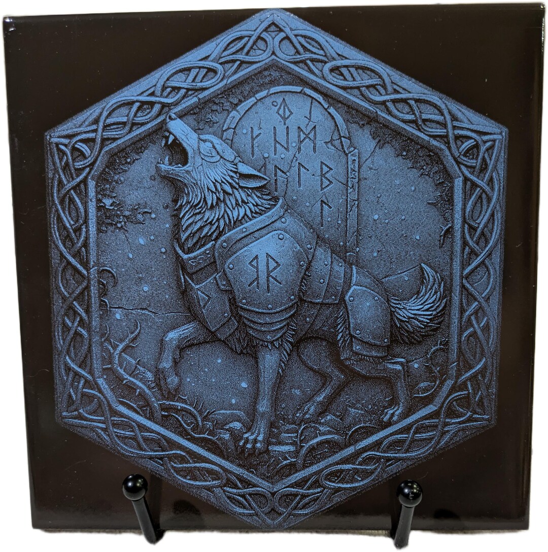 6x6 Laser Engraved Howling Wolf Tile Norse Viking Runes Art Decor ...