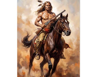 Plakat w stylu malarstwa olejnego „Szalony Koń” – Indianin i wojownik