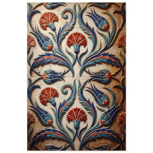 May include: A decorative wall tile featuring a repeating relief pattern of stylized red carnations and blue tulips with green leaves. The surface has a cream-colored base with a visible crackle finish, creating a textured appearance throughout.
