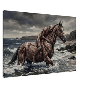 May include: A canvas print depicts a surreal scene of a horse and rider in the ocean. The horse and rider are rendered to show muscle structure. The background features a stormy sky, ocean waves, and a rocky shoreline.