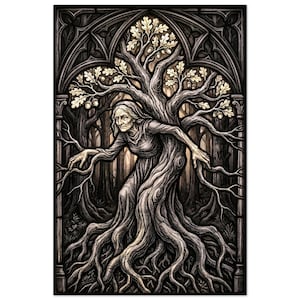 May include: An illustration depicting a woman fused with a tree, set in a shadowy forest. The image showcases intricate details of the woman's face and form, with the tree's branches and roots merging with her. The colour scheme is predominantly dark with accents of gold.