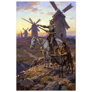 May include: An oil painting depicts a knight in shining armor on a white horse, pointing towards windmills. A man on a donkey follows. The scene is set at sunset, with a warm color palette of oranges, yellows, and blues.