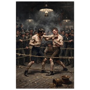May include: An oil painting depicting two shirtless boxers in a dimly lit, smoke-filled ring. The fighters wear dark shorts and hand wraps, engaged in a match surrounded by a crowd of spectators in flat caps. Overhead lamps illuminate the scene.