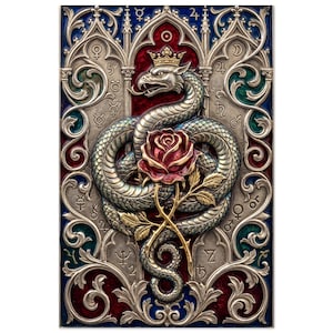 May include: A rectangular metal plaque featuring a silver-toned crowned serpent coiled around a central red rose. The background displays intricate gothic arches, scrollwork, and various alchemical symbols in deep red, blue, and green enamel.