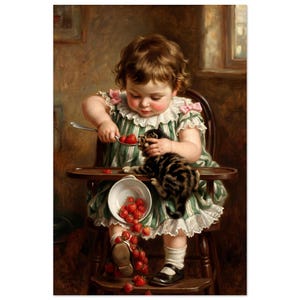 May include: A painting of a toddler in a green and white striped dress with a ruffled collar sitting in a wooden high chair, feeding a small tabby kitten a strawberry from a silver spoon while a bowl of strawberries spills onto the chair tray.