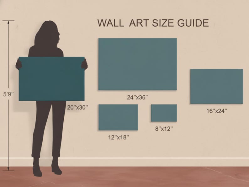 Może przedstawiać: Przewodnik po rozmiarach grafik ściennych z wymiarami w calach. Przewodnik zawiera rozmiary takie jak 20"x30", 24"x36", 16"x24", 12"x18" i 8"x12". Sylwetka osoby trzyma pł&oacute;tno 50.8cm x 76.2cm. Tekst "WALL ART SIZE GUIDE" znajduje się na g&oacute;rze.