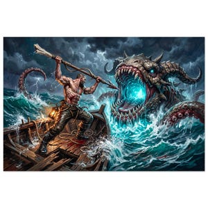 May include: A digital illustration depicting a muscular figure standing in a wooden boat, wielding a spear against a massive, horned sea monster with a glowing blue mouth. The scene is set on a stormy, turbulent ocean under a dark, cloudy sky.