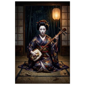 May include: A geisha in a traditional kimono plays a shamisen, a three-stringed lute. The dark blue kimono is adorned with floral patterns. The scene is set in a traditional Japanese room with a paper lantern and bamboo in the background.