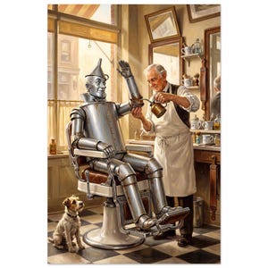 May include: A metallic robot with a funnel-shaped hat sits in a vintage barber chair while an older person in a white apron oils the robot's arm joint with a small metal can. A small brown and white dog sits on a black and white checkered floor.
