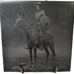 Don Quixote 6&quot; Laser Engraved Ceramic Tile Plaque Fabric Backing Miguel de Cervantes