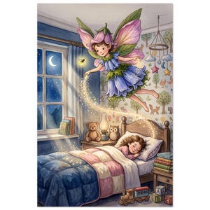 May include: A digital illustration of a fairy with pink and green wings wearing a blue flower-petal dress, sprinkling golden dust over a sleeping child in a bed. The room features a window with a crescent moon, a teddy bear, and toy train blocks.
