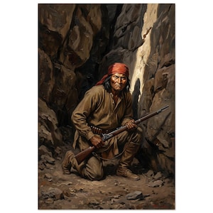 May include: An artistic depiction of a Native American man kneeling in a rocky environment. He wears a red bandana, brown shirt, and holds a rifle. The artwork uses a warm color palette with shadows and highlights to create depth.