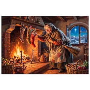May include: An elderly person with a gray head covering and shawl places a treat into a red Christmas stocking hanging by a brick fireplace. A fire burns in the hearth, while baskets of produce and a copper kettle sit on the floor nearby.