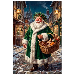 May include: A laughing Santa Claus wearing a long green coat with white fur trim and a holly wreath on his head. He carries a woven wicker basket filled with wrapped gifts, chestnuts, and oranges while walking on a snowy cobblestone street.