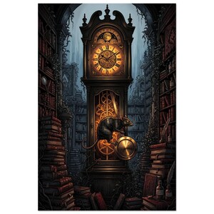 May include: An illustration of a grand, ornate grandfather clock with a glowing face, set in a library filled with books. A black rat is perched on the clock's gears. The scene is rendered in dark, moody tones with a touch of fantasy.
