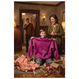 May include: A child holds up a bright magenta, chunky knit sweater with a ribbed crew neckline and cuffs. The scene includes scattered pink wrapping paper, gold ribbons, and cardboard gift boxes on a wooden floor, with two adults observing nearby.
