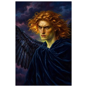 May include: A digital painting of a figure with long, wavy, golden-orange hair and a stern expression. The figure wears a dark blue, draped garment and has large, detailed black feathered wings extending from their back against a stormy sky.