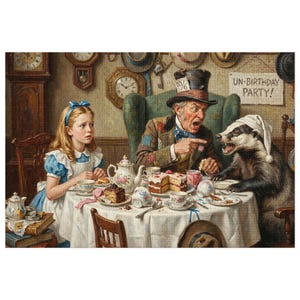 May include: A jigsaw puzzle depicting a scene from Alice in Wonderland. The Mad Hatter points at a badger wearing a nightcap, while Alice looks on. A table is set with tea, cake, and teacups. The sign reads, "UN-BIRTHDAY PARTY!"