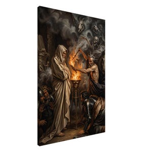 Puede incluir: Un lienzo vertical que muestra una figura con túnica frente a un brasero en llamas. Un hombre sin camisa sostiene una antorcha sobre el fuego, mientras figuras con armadura se arrodillan. Calaveras y esqueletos etéreos emergen de un humo oscuro y arremolinado.