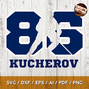 May include: A blue and white hockey jersey number 83 with the name "KUCHEROV" printed below. The jersey number is in a bold, blocky font.