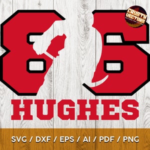 Hughes New Jersey Jugador de hockey espacial negativo y número para corte, impresión y sublimación - Svg, Pdf, Ai, Png, Eps, Dxf, Cricut, Cameo