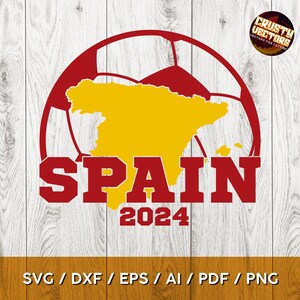 Espanha Futebol Campeões Europeus 2024 Design Digital com Bola e Silhueta Country | svg, pdf, ai, png, eps, dxf, Cricut e Silhueta