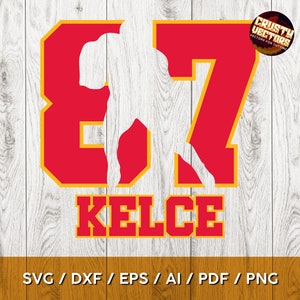 Peut inclure: Numéro 87 rouge et jaune avec une silhouette de joueur de football à l'intérieur des chiffres. Le nom "KELCE" est écrit en rouge et jaune sous les chiffres.