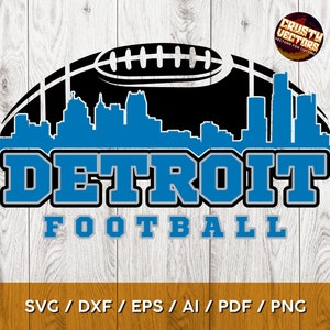Diseño deportivo de Detroit Football con silueta de horizonte. Perfecto para impresión, corte y sublimación: SVG, AI, PNG, PDF, DXF, EPS, Cricut, Cameo.