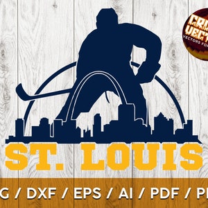 Pose do jogador de hóquei de St. Louis e arte inspirada no horizonte da cidade para sublimação, corte e impressão - SVG, AI, PNG, Silhouette Cricut e muito mais