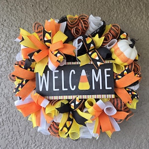 Candy Corn Halloween Wreath For Front Door, Whimsical Halloween Wreath, Candy Corn Themed Home Decor, Welcome Halloween Wreath, Halloween