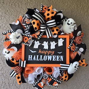 Halloween Ghost Wreath, Happy Halloween Decor, Ghost Boo Wreath, Black Orange Halloween Wreath, Cute Spooky Wreath, Trick Or Treat Wreath
