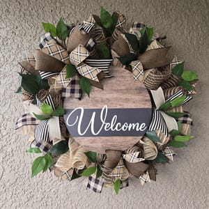 Farmhouse Welcome Wreath, Burlap, Plaid & Faux Greenery