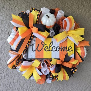 Halloween Wreath, Candy Corn Wreath, Welcome Wreath, Wreath For Front Door, Halloween Door Decor, Black and Orange Halloween Wreath