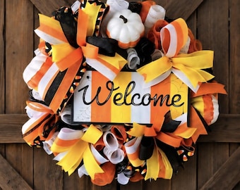 Halloween Welcome Wreath, Candy Corn Fall Door Wreath, Pumpkin Decor
