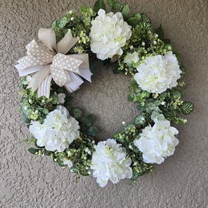 White Hydrangea Grapevine Wreath: Farmhouse Front Door Decor