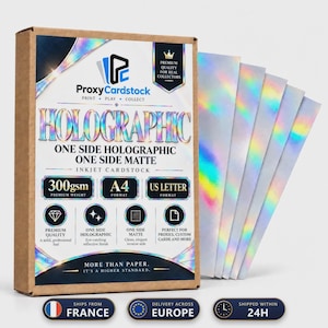 May include: A rectangular cardboard box containing sheets of A4 and US Letter size cardstock. The packaging features the text ProxyCardstock, Holographic, 300gsm, and highlights a one-side holographic and one-side matte finish on the white paper sheets.