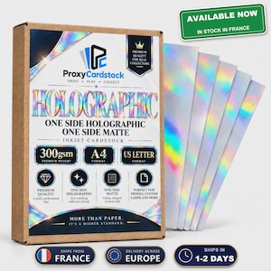 Holografisk Kartong 300gsm A4 eller US Letter, Blå Kärna, Holo Inkjetpapper för Proxy, Holo Fram Matt Baksida, MTG Pokemon TCG, Frankrike