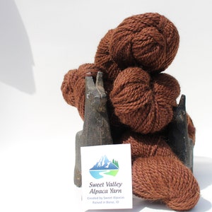 May include: Brown alpaca yarn skeins stacked on a wooden alpaca figurine. The yarn is labeled "Sweet Valley Alpaca Yarn" and "Created by Sweet Alpacas, Raised in Boise, ID."