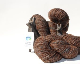 Alpaca Brown & Teal 2-ply Worsted yarn, alpaca sweater, knitting tools, crochet supplies, organic roving, alpaca beanie shawl socks USA made