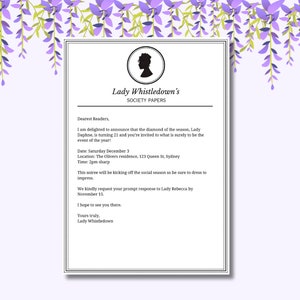 Lady Whistledown Bridgerton Themed Invitation Downloadable Template