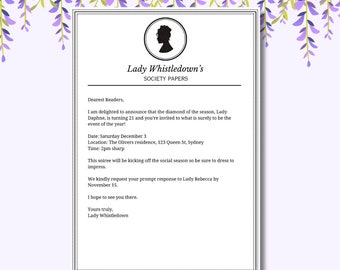 Lady Whistledown Bridgerton Themed Invitation Downloadable Template