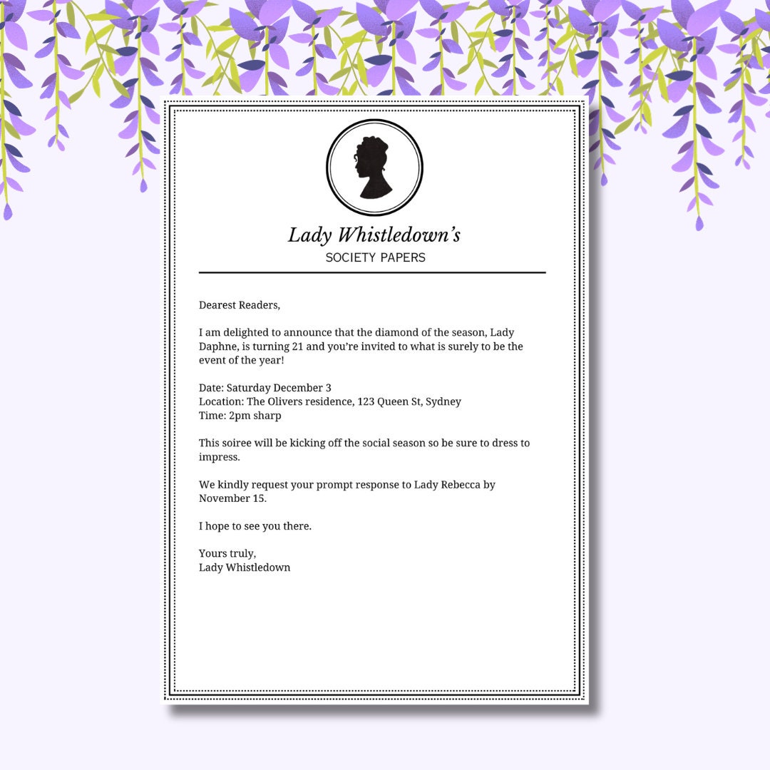 Lady Whistledown Bridgerton Themed Invitation Downloadable Template Etsy Lady Whistledown Bridgerton Themed Invitation Downloadable Template Etsy