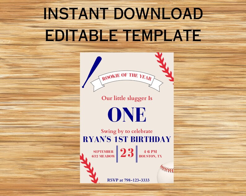 Rookie of the Year Baseball 1st Birthday Invitation (digital File ...