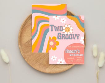 Two Groovy Birthday Invitation: Retro Hippie Invite (Digital Download) Editable Template