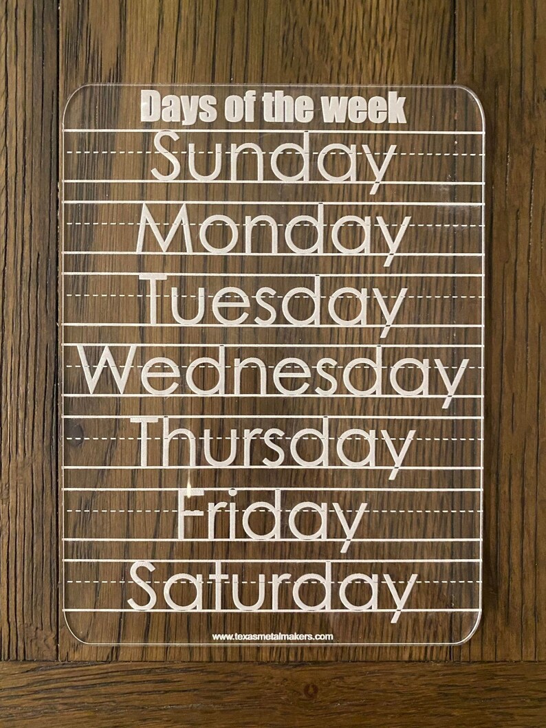 Customizable Children Acrylic Learning Boards, Dry Erase Learning Board, Reusable Personalized Boards, Preschool, Education Supplies Days of the Week