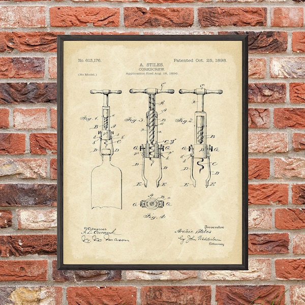 Impresión de patente de sacacorchos - Descarga digital - 7 fondos diferentes incluidos