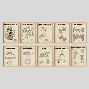 Star Wars Wall Art Set de 10 vehículos patentados con 7 fondos cada uno, impresiones de patentes, póster de patentes, Halcón Milenario, descarga instantánea